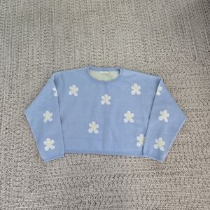 BaeVely Blue Cropped Sweater with White Daisy Pattern